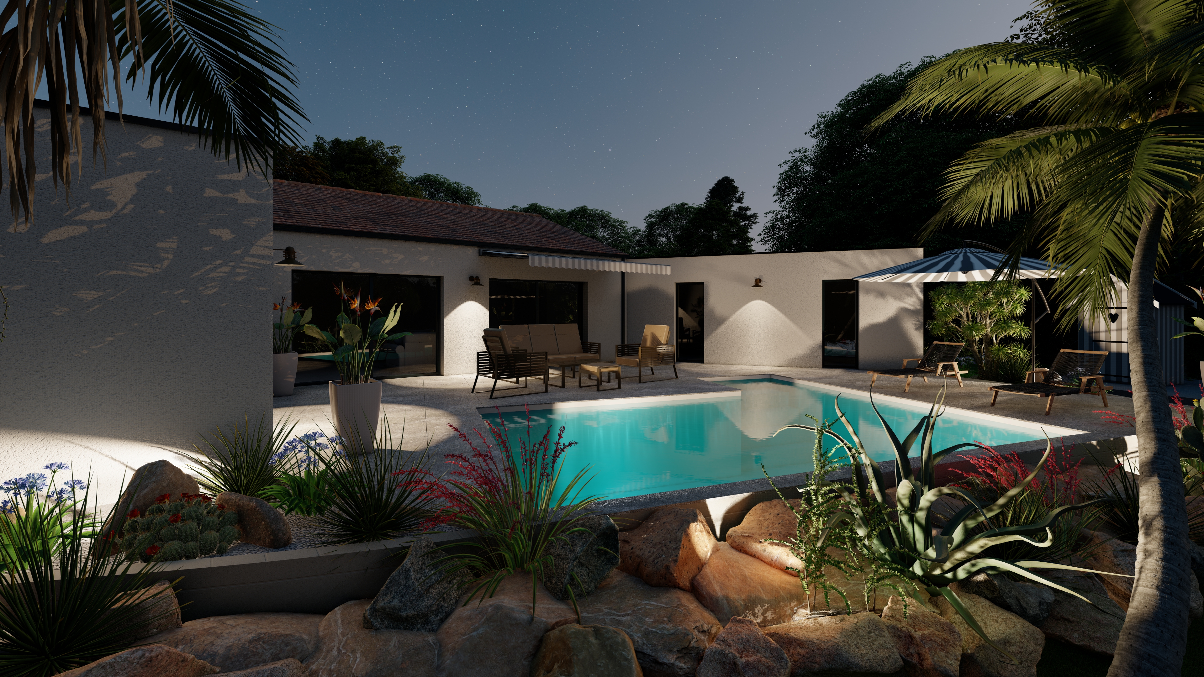 Terrasse premium avec piscine au crépuscule